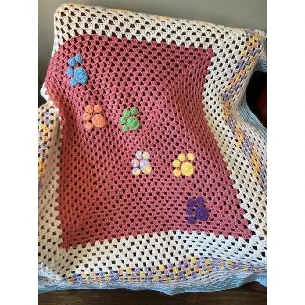 Handmade Crochet Paw Print Baby Blanket Pink White Pastel Granny Square Throw